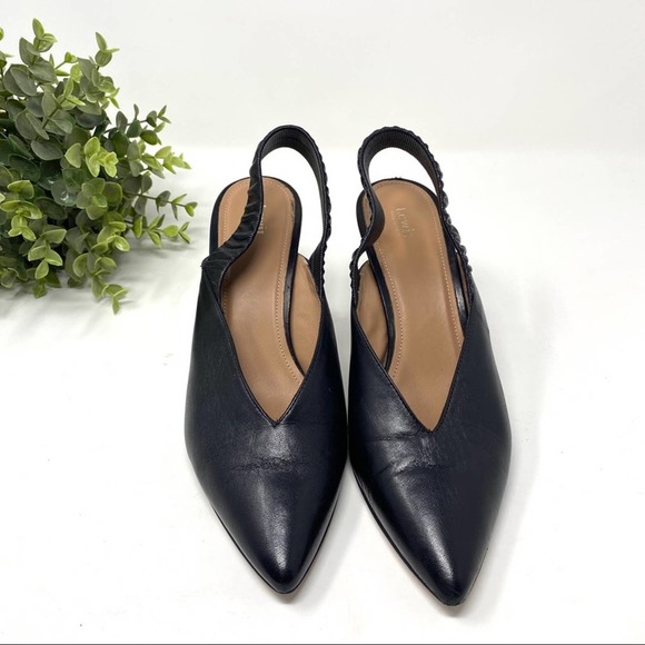 Lewit Black Soft Leather Tan Pointed Toe Sling Back Heels - Picture 2 of 9
